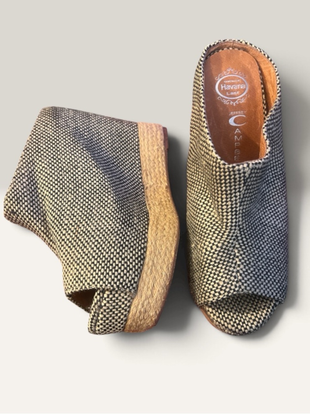Jeffrey Campbell Virgo Tweed Woven Peep-Toe platform Wedge Mules Size 6 Y2K